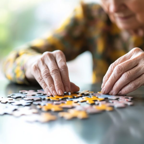 A senior woman staring at an incomplete jigsaw puzzle, reflecting dementia symptoms. Featuring frustration and reflection
